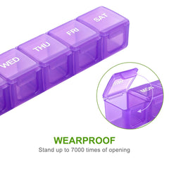 a plastic container with a number of compartments with text: 'WED THU FRI SAT WEARPROOF Stand up to 7000 times of opening'