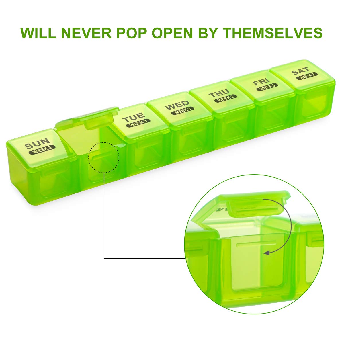 a green pill box with black text with text: 'WILL NEVER POP OPEN BY THEMSELVES SUN TUE WED WEEK 3 THU WEEK 3 WEEK 3 FRI SAT WEEK 3 WEEK 3 WEEK 3'