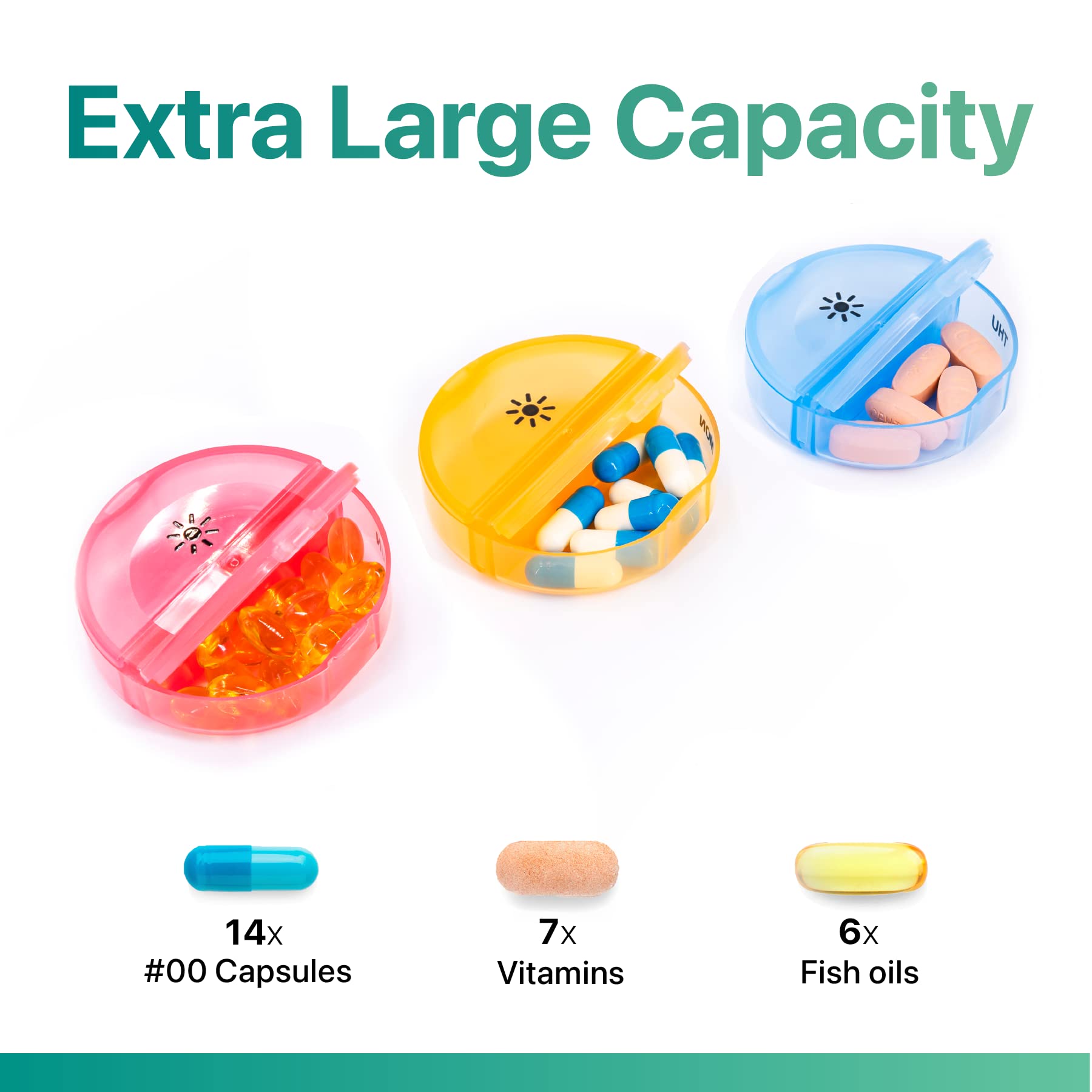 a group of pills in plastic containers with text: 'Extra Large Capacity 14x 7x 6x #00 Capsules Vitamins Fish oils'