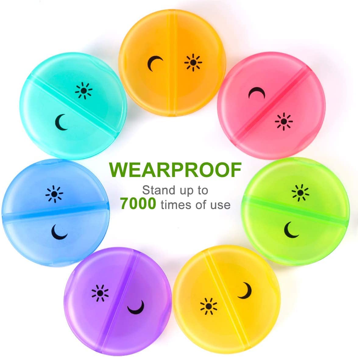 a group of colorful plastic containers with text: 'C WEARPROOF Stand up to 7000 times of use'