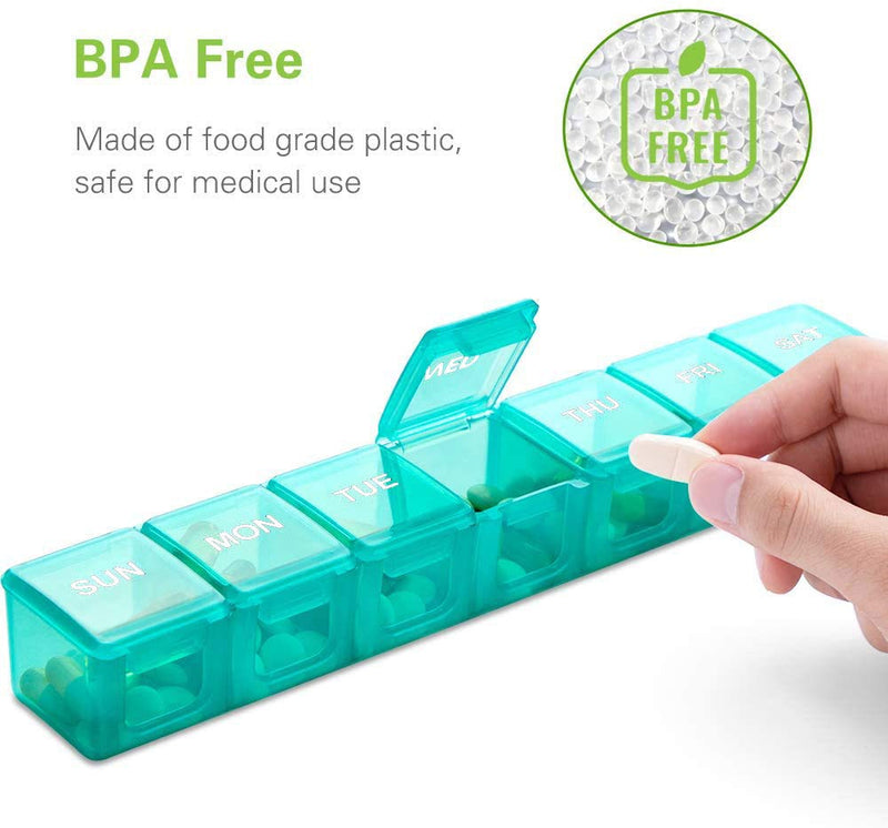 a hand holding a pill box with text: 'BPA Free BPA Made of food grade plastic, FREE safe for medical use FRI THU TUE MON SUN'