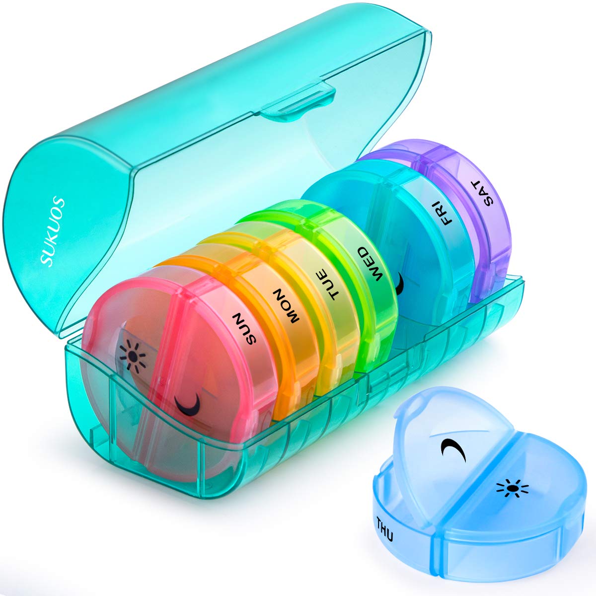 a plastic container with different colored round objects with text: 'SUKUOS SUN MON TUE WED FRI SAT'