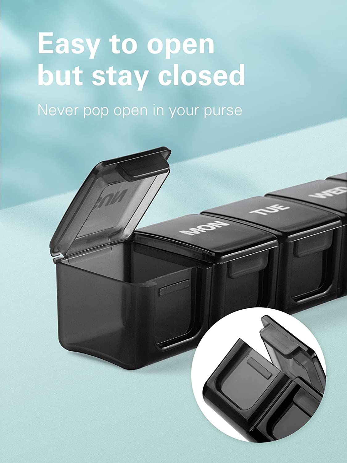 a black plastic container with a lid open with text: 'Easy to open but stay closed Never pop open in your purse MON'