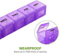 a plastic container with different compartments with text: 'WED THU FRI SAT WEARPROOF Stand up to 7000 times of opening MOM'