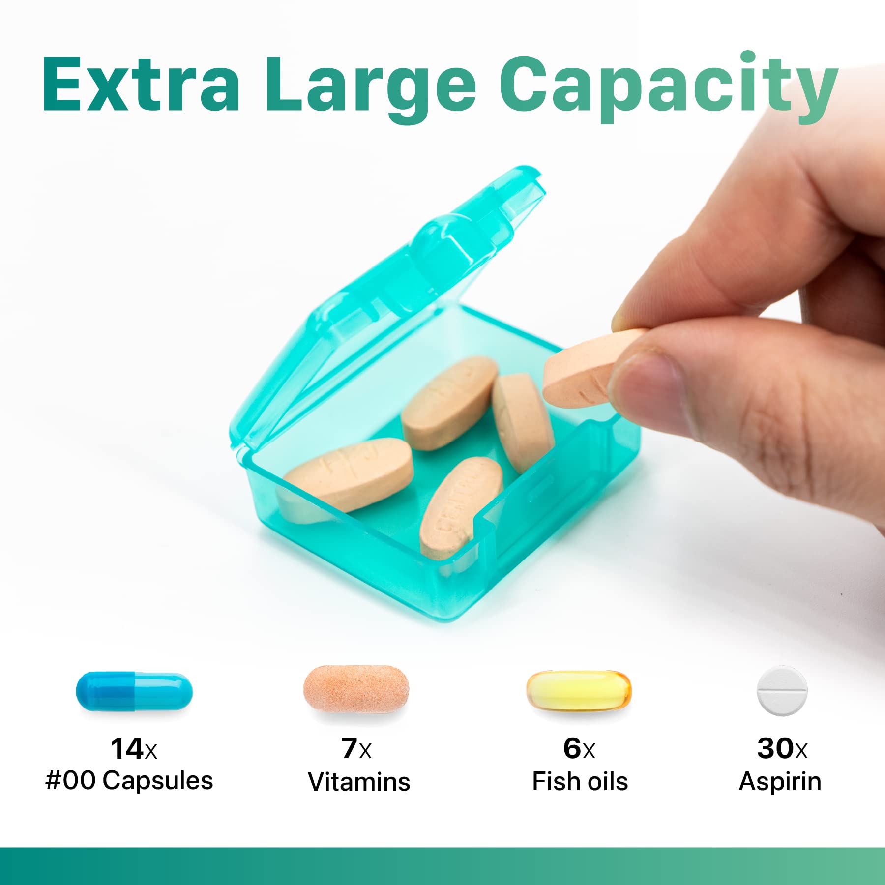 a hand holding a pill in a container with text: 'Extra Large Capacity 14x 30x #00 Capsules Vitamins Fish oils Aspirin'