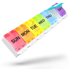 a plastic pill box with different colors of plastic with text: 'SUN MON TUE WED THU SAT'