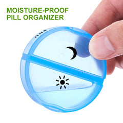 a hand holding a pill organizer with text: 'MOISTURE-PROOF PILL ORGANIZER'