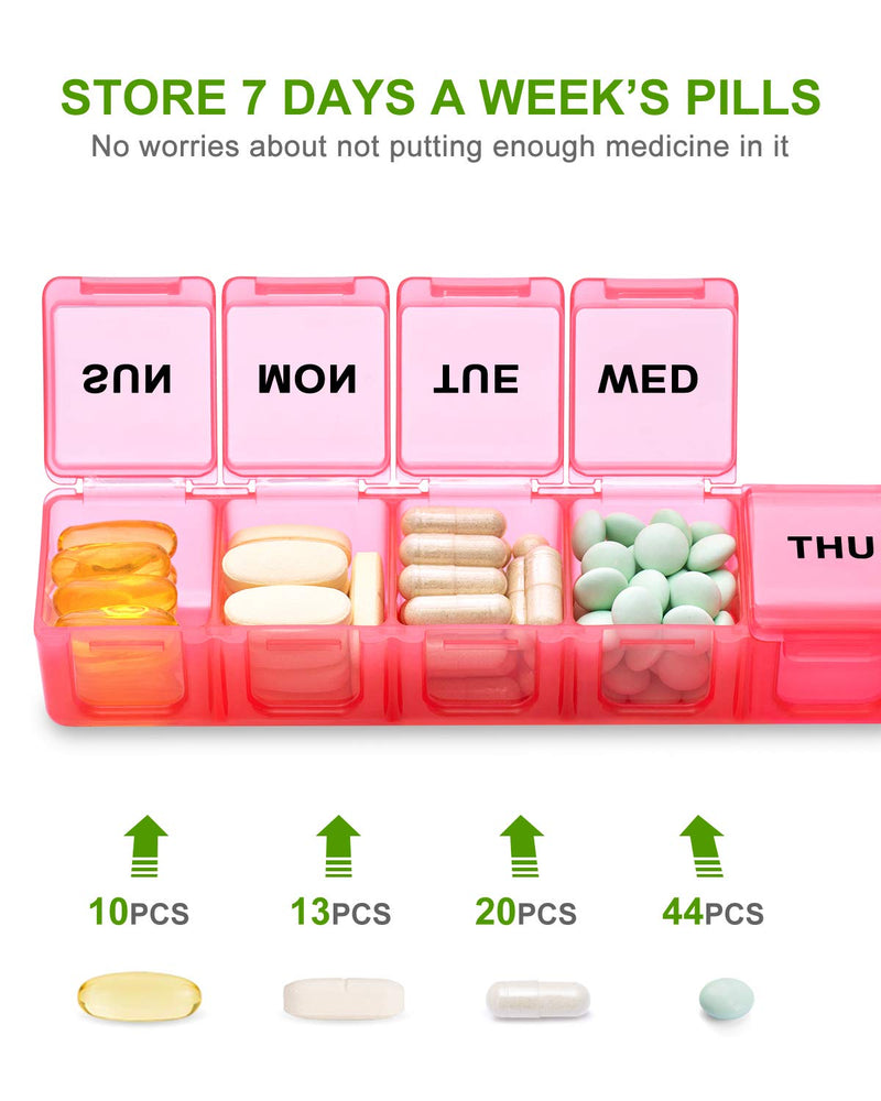 a pill box with different pills with text: 'STORE 7 DAYS A WEEK'S PILLS No worries about not putting enough medicine in it LNE MED THU 10PCS 13PCS 20PCS 44PCS'