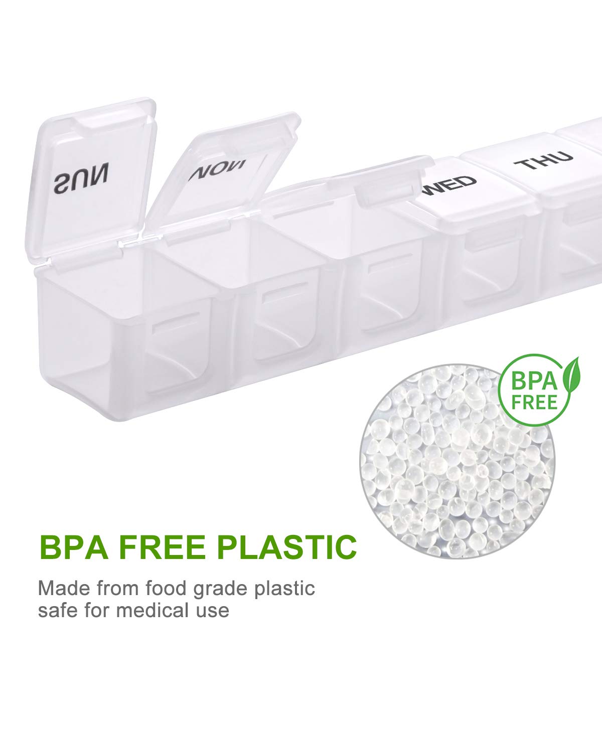 a plastic container with a lid open with text: 'NOVI THU WED BPA FREE BPA FREE PLASTIC Made from food grade plastic safe for medical use'