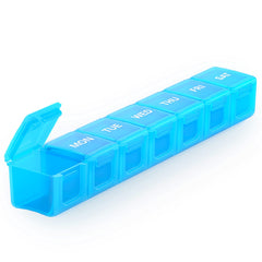 a blue plastic pill box with text: 'MON TUE WED THU SAT'