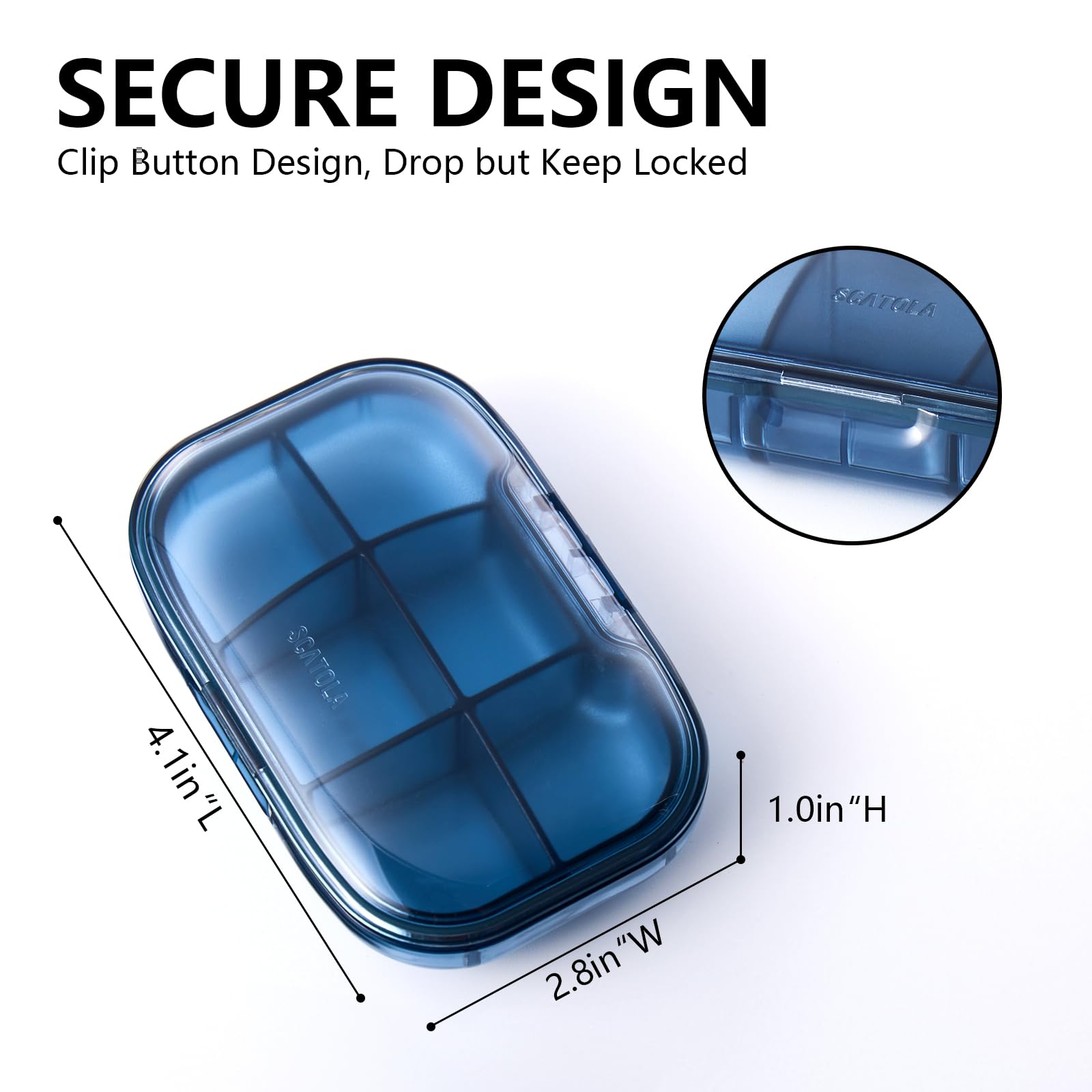 a blue plastic container with a lid with text: 'SECURE DESIGN Clip Button Design, Drop but Keep Locked 2.8in"W'