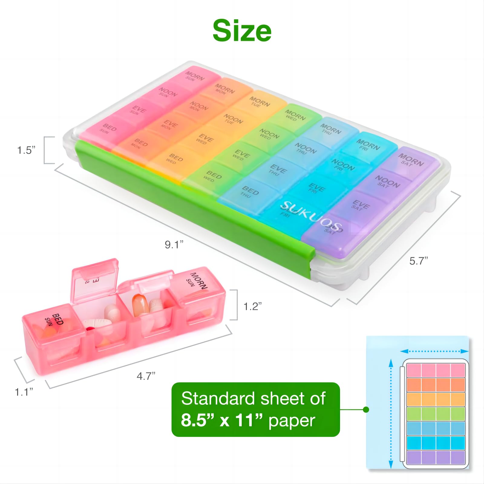 a plastic container with different colored compartments with text: 'Size MORN MORN SAT MORN MORN MORN MORN MORN WED THU FRI SUN MON TUE NOON NOON NOON NOON NOON FRI SAT NOON NOON SUN TUE WED THU EVE EVE EVE EVE EVE SUN WED WED THU EVE BED BED SAT 5.7" BED BED SUKUOS SUN MON WED FRI 1.5" 9.1" MORN SUN 1.2" BED SUN 4.7" Standard sheet of 8.5" 11" paper 1.1"'