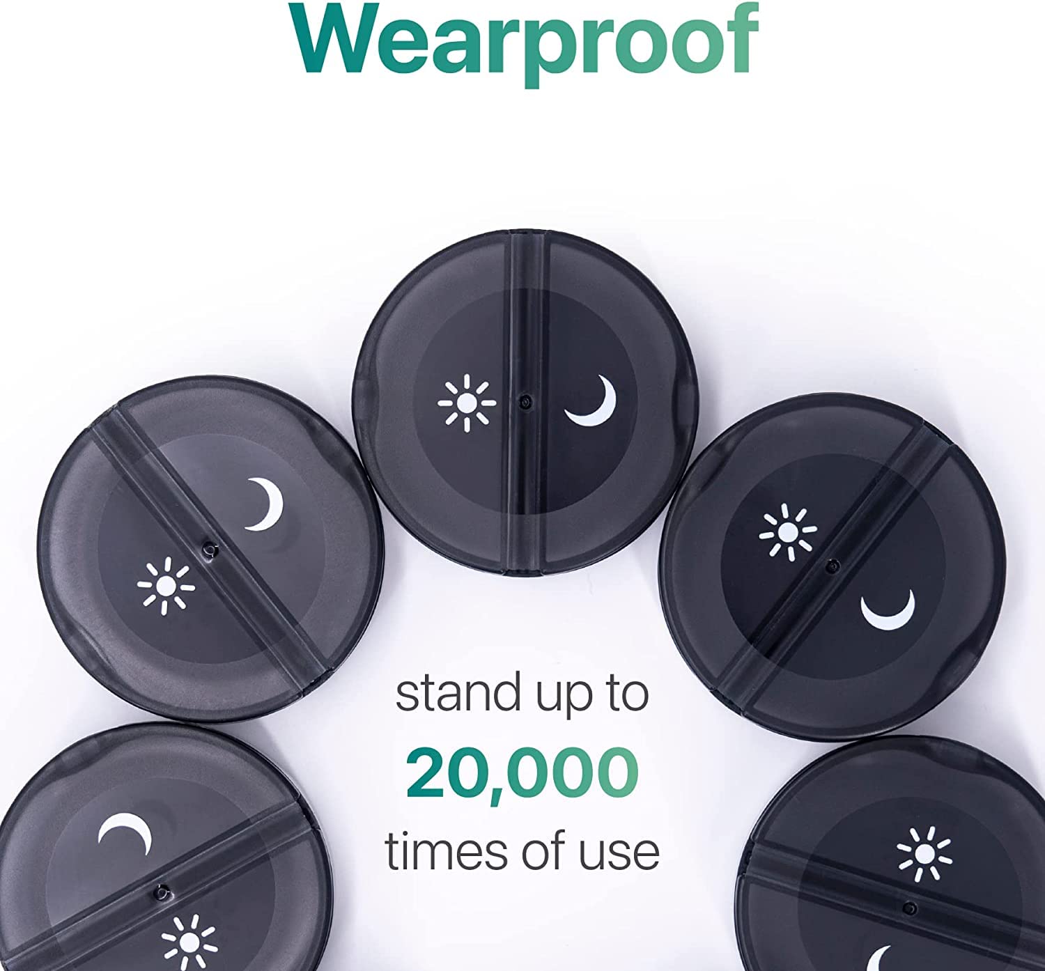 a group of round black objects with white moon and stars with text: 'Wearproof stand up to 20,000 times of use'