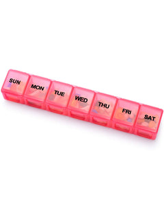 a plastic container with pills in it with text: 'SUN MON TUE WED THU FRI SAT'