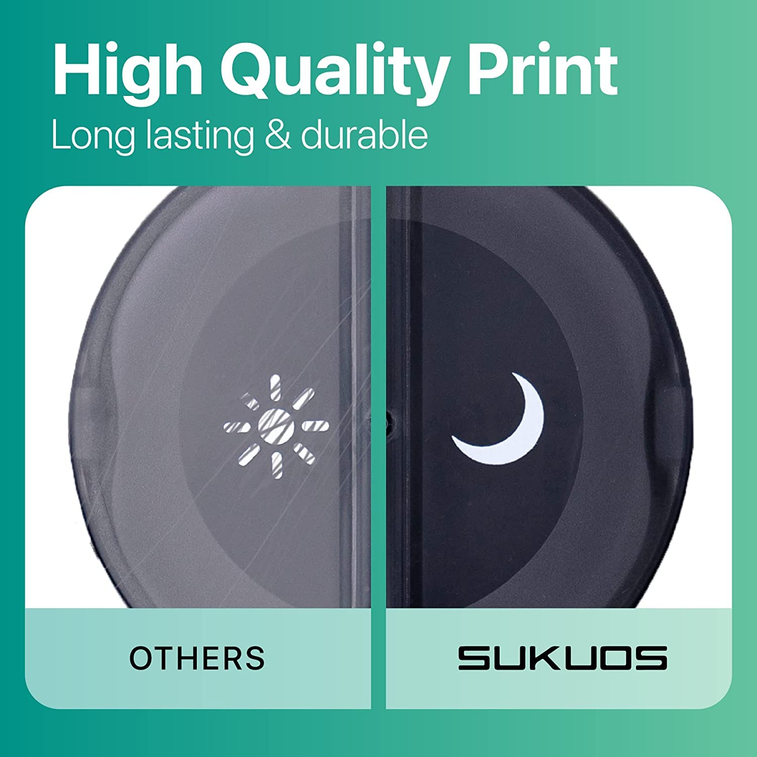 a black and white circular object with a moon and a white crescent with text: 'High Quality Print Long lasting & durable OTHERS SUKUOS'