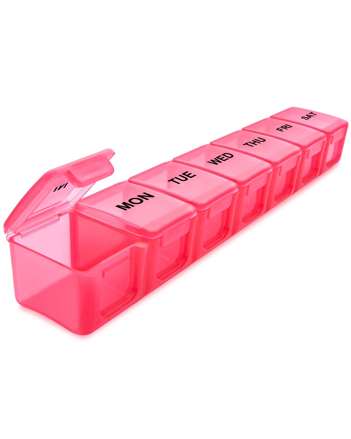 a plastic container with a number of compartments with text: 'MON TUE WED THU FRI SAT'