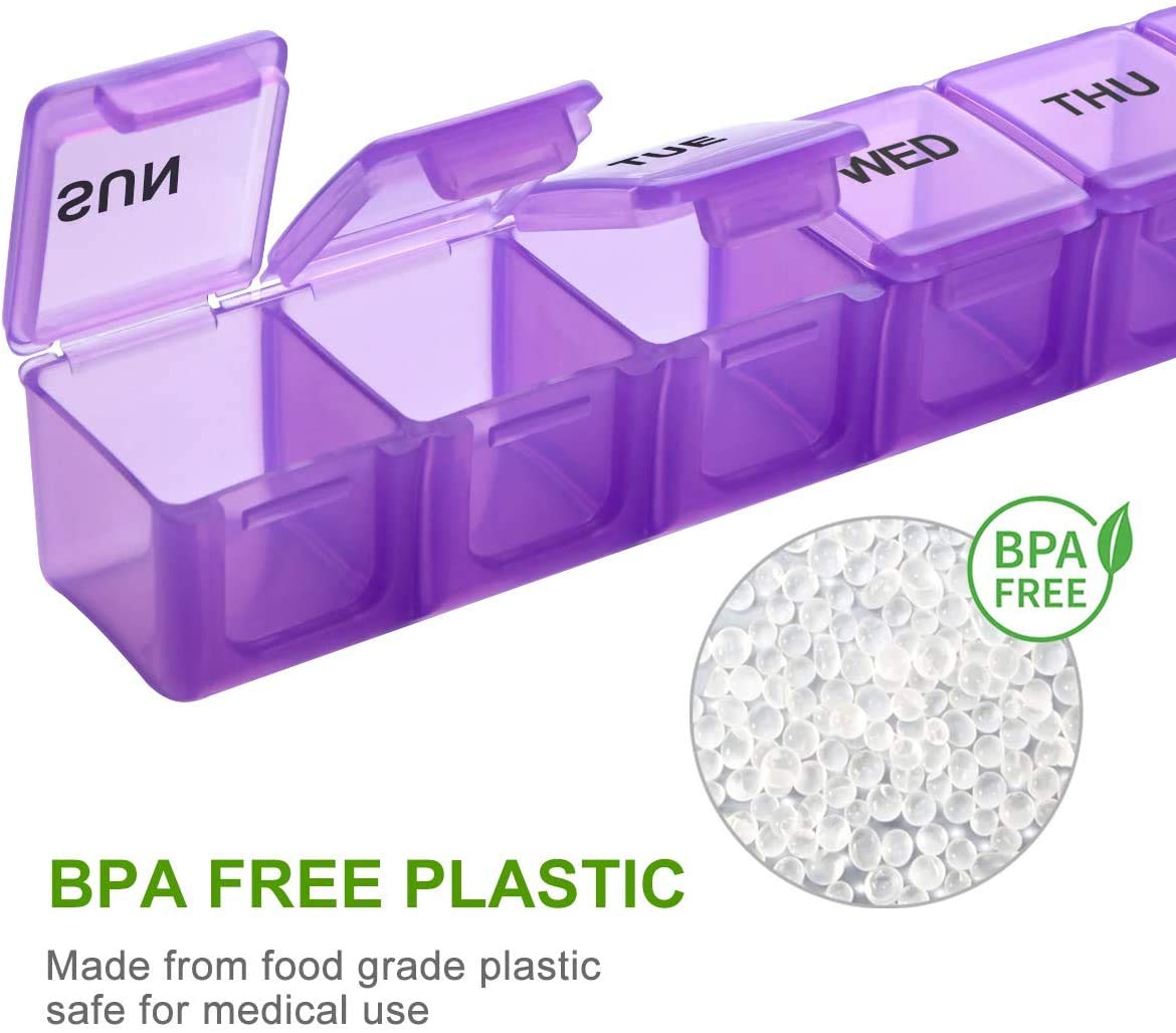 a plastic container with a lid open with text: 'THU WED BPA FREE BPA FREE PLASTIC Made from food grade plastic safe for medical use'