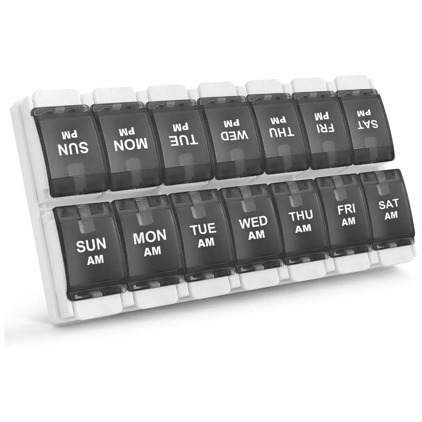 a pill box with black plastic containers with text: 'PM PM SUN PM PM MON PM TUE WED PM PM THU FRI SAT SUN MON TUE WED THU FRI SAT AM AM AM AM AM AM AM'