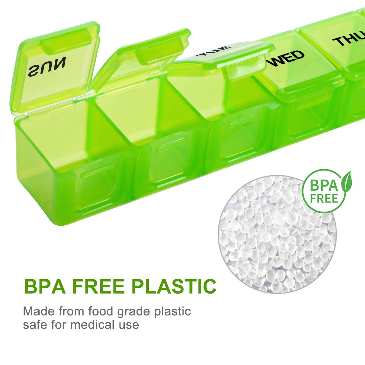 a green plastic pill box with text: 'THU WED BPA FREE BPA FREE PLASTIC Made from food grade plastic safe for medical use'