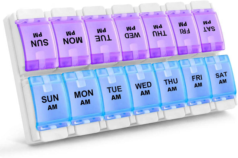 a plastic pill box with different colors with text: 'PM PM PM SUN PM MON PM TUE WED PM PM THU FRI SAT SUN MON TUE WED THU FRI SAT AM AM AM AM AM AM AM'