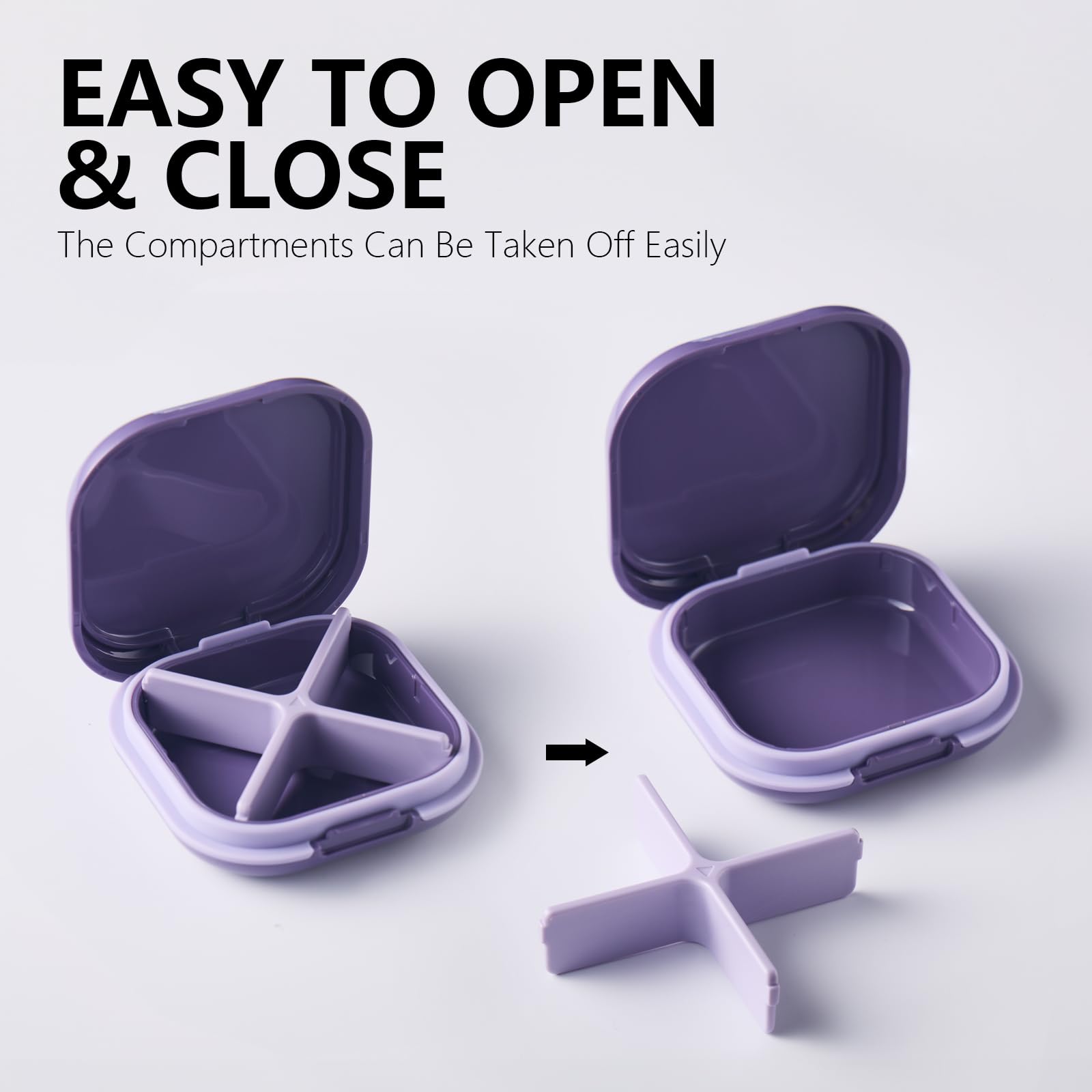 a purple pill box with a few pieces of plastic with text: 'EASY TO OPEN & CLOSE The Compartments Can Be Taken Off Easily'