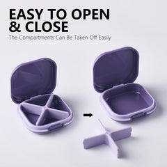 a purple pill box with a few pieces of plastic with text: 'EASY TO OPEN & CLOSE The Compartments Can Be Taken Off Easily'