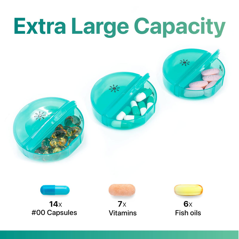 a group of pills in a container with text: 'Extra Large Capacity 14x 6x #00 Capsules Vitamins Fish oils'