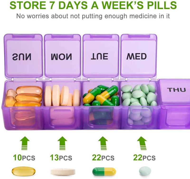 a purple pill box with different pills in it with text: 'STORE 7 DAYS A WEEK'S PILLS No worries about not putting enough medicine in it MED ИОМ THU 10PCS 13PCS 22PCS 22PCS'