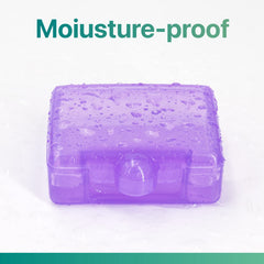 a purple plastic container with water drops on it with text: 'Moiusture-proof'