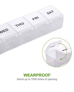 a plastic container with a lid open with text: 'WED THU FRI SAT WEARPROOF Stand up to 7000 times of opening'