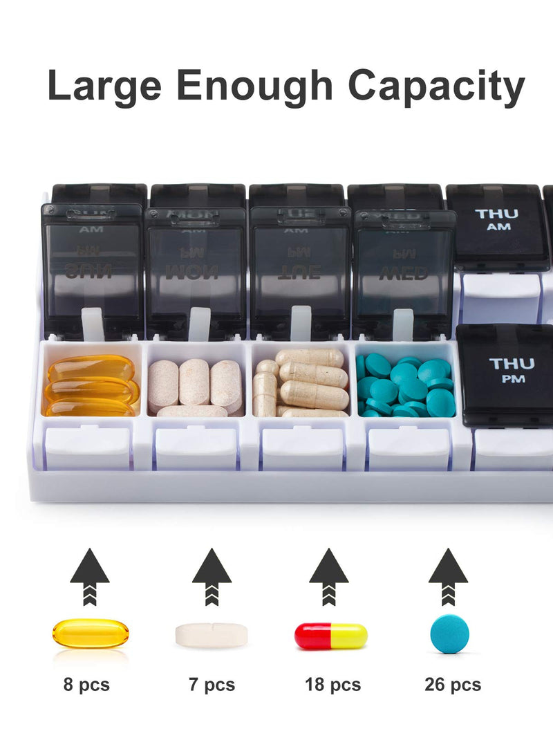 a pill organizer with different pills with text: 'Large Enough Capacity THU AM AM AM THU PM 8 pcs 7 pcs 18 pcs 26 pcs'