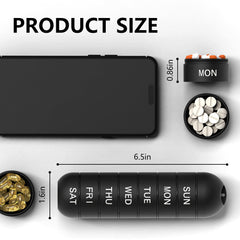 a phone and pills in containers with text: 'MON SUN 0.86in MON TUE C 6.5in WED THU FR I SAT 1.6in PRODUCT SIZE'