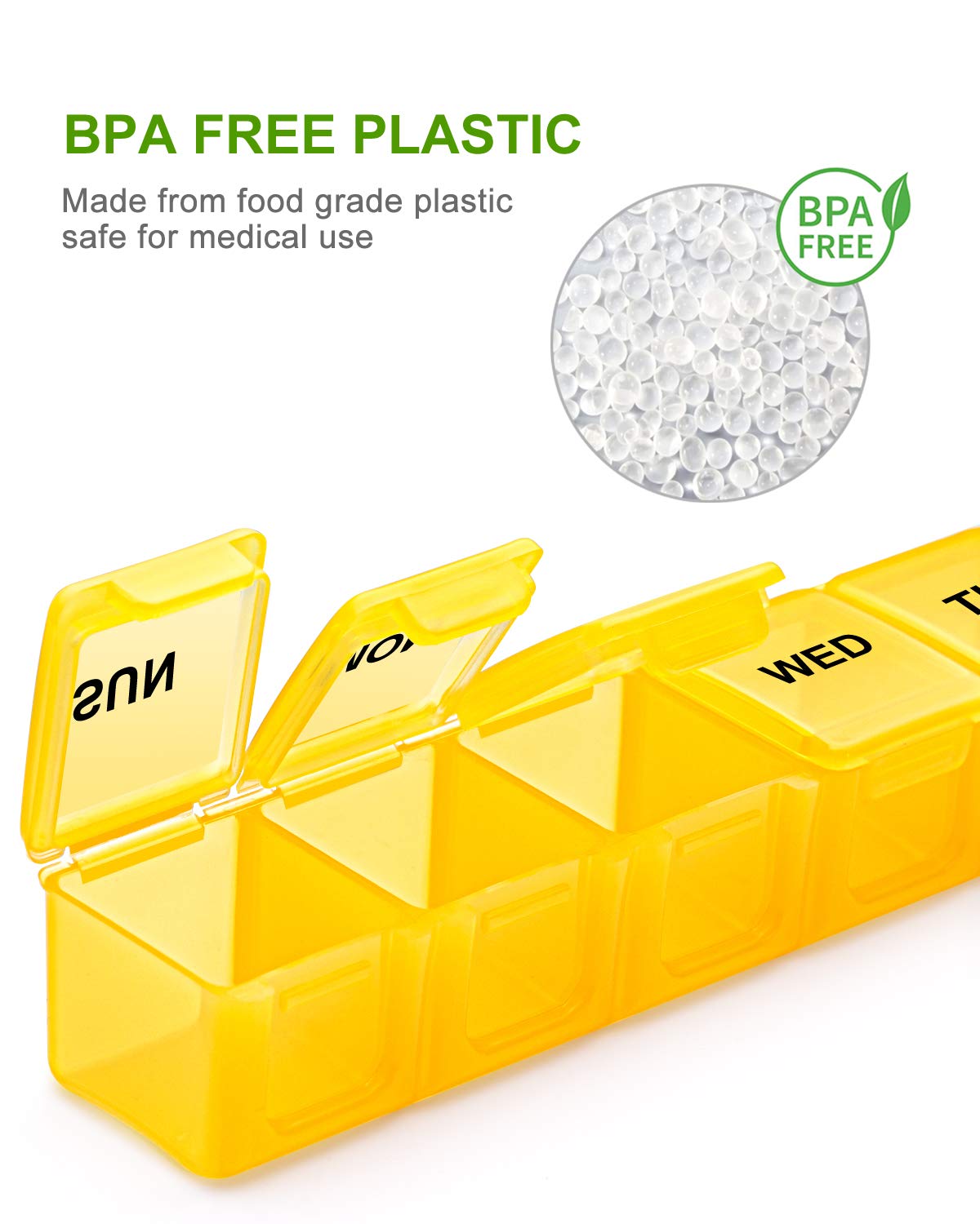 a yellow pill box with open lid with text: 'BPA FREE PLASTIC Made from food grade plastic safe for medical use BPA FREE enn WED'