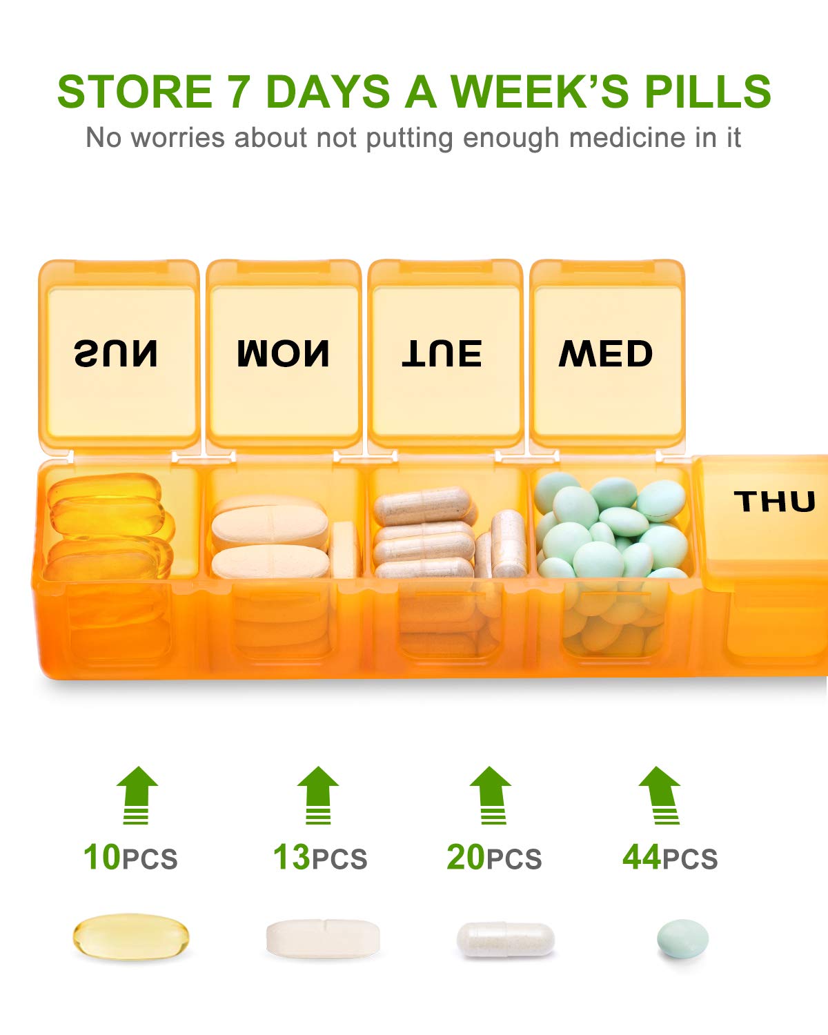 a pill box with different pills in it with text: 'STORE 7 DAYS A WEEK'S PILLS No worries about not putting enough medicine in it LINE MED THU 10PCS 13PCS 20PCS 44PCS'