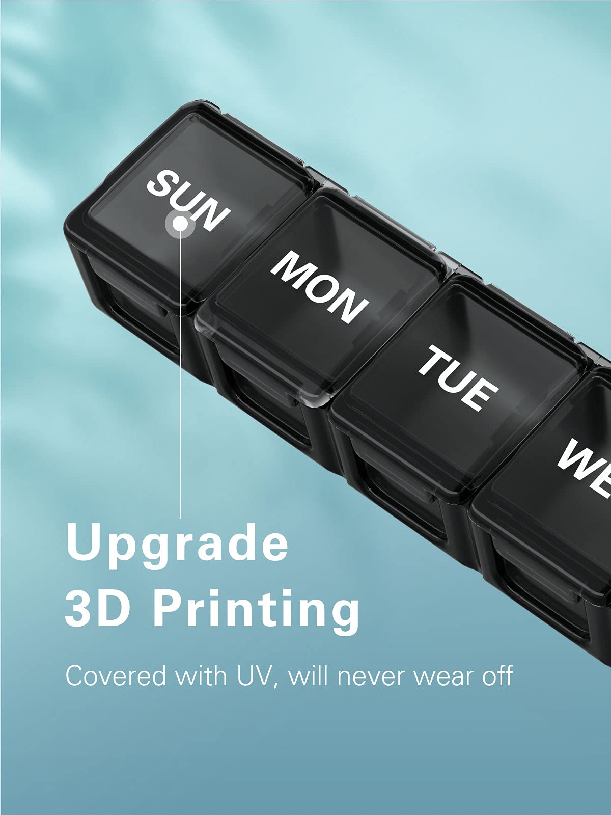 a black plastic box with white text with text: 'SUN MON TUE W Upgrade 3D Printing Covered with UV, will never wear off'