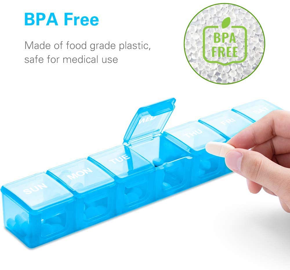 a hand holding a pill container with text: 'BPA Free Made of food grade plastic, safe for medical use THU SUN MON TUE'