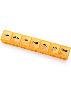 a plastic pill box with different pills in it with text: 'SUN MON TUE WED THU FRI SAT'