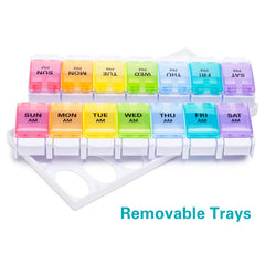 a plastic container with different colored plastic containers with text: 'PM PM PM PM SUN PM MON PM PM TUE WED THU FRI SAT SUN MON TUE WED THU FRI SAT AM AM AM AM Removable Trays'