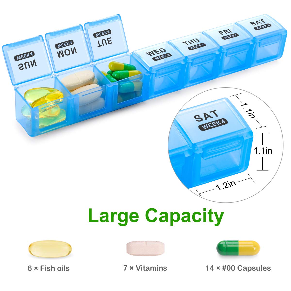 a blue pill organizer with different types of pills with text: 'MEEK MEEK MEEK WED THU FRI SAT WEEK 4 WEEK 4 WEEK 4 WEEK4 -1.1in SAT WEEK 4 1.1in Large Capacity 1.2in 6 Fish oils 7 Vitamins 14 #00 Capsules'