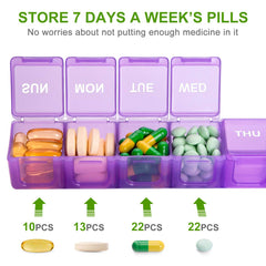 a purple pill box with different pills in it with text: 'STORE 7 DAYS A WEEK'S PILLS No worries about not putting enough medicine in it MED THU 10PCS 13PCS 22PCS 22PCS'