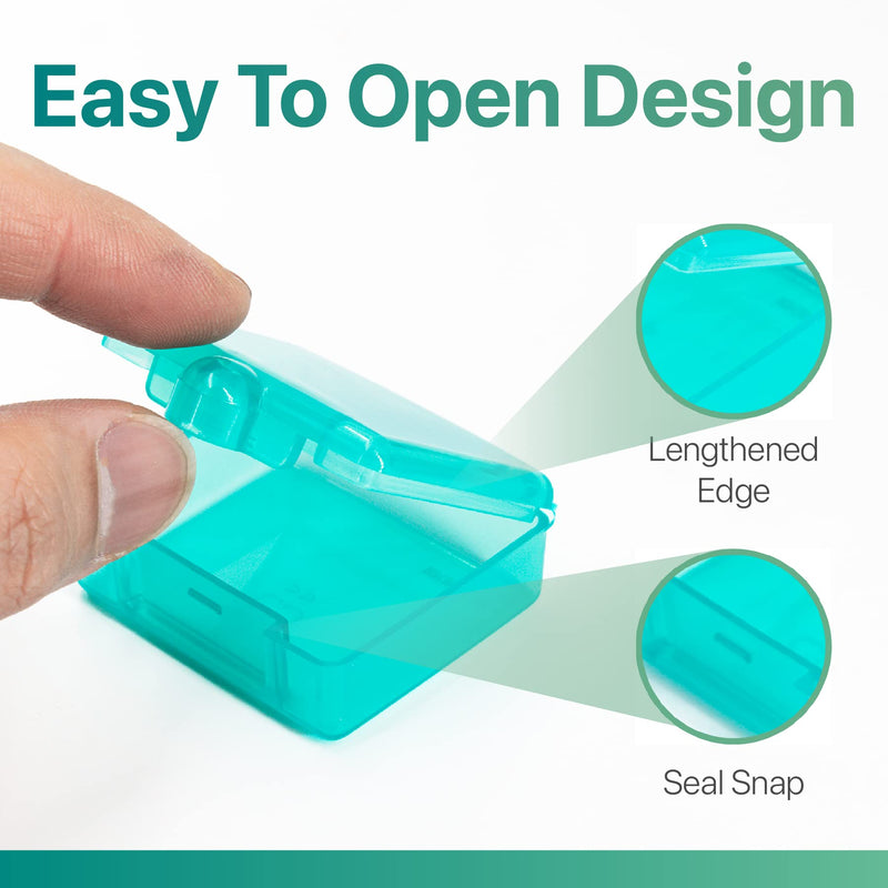 a hand holding a small plastic container with text: 'Easy To Open Design Lengthened Edge Seal Snap'