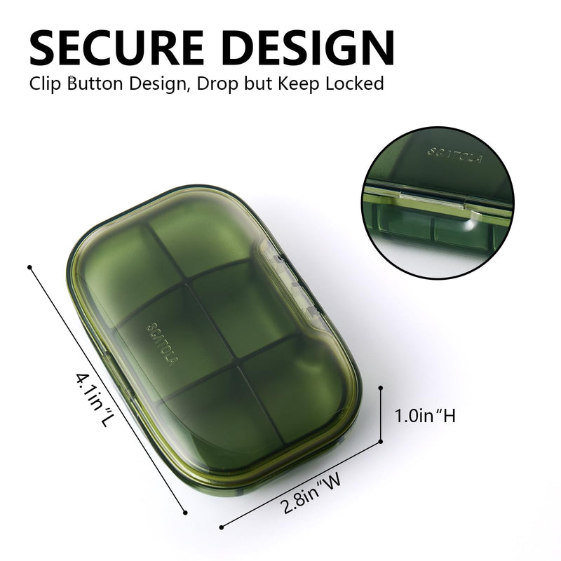 a green plastic container with a lid with text: 'SECURE DESIGN Clip Button Design, Drop but Keep Locked SCATOLA 2.8in"W'