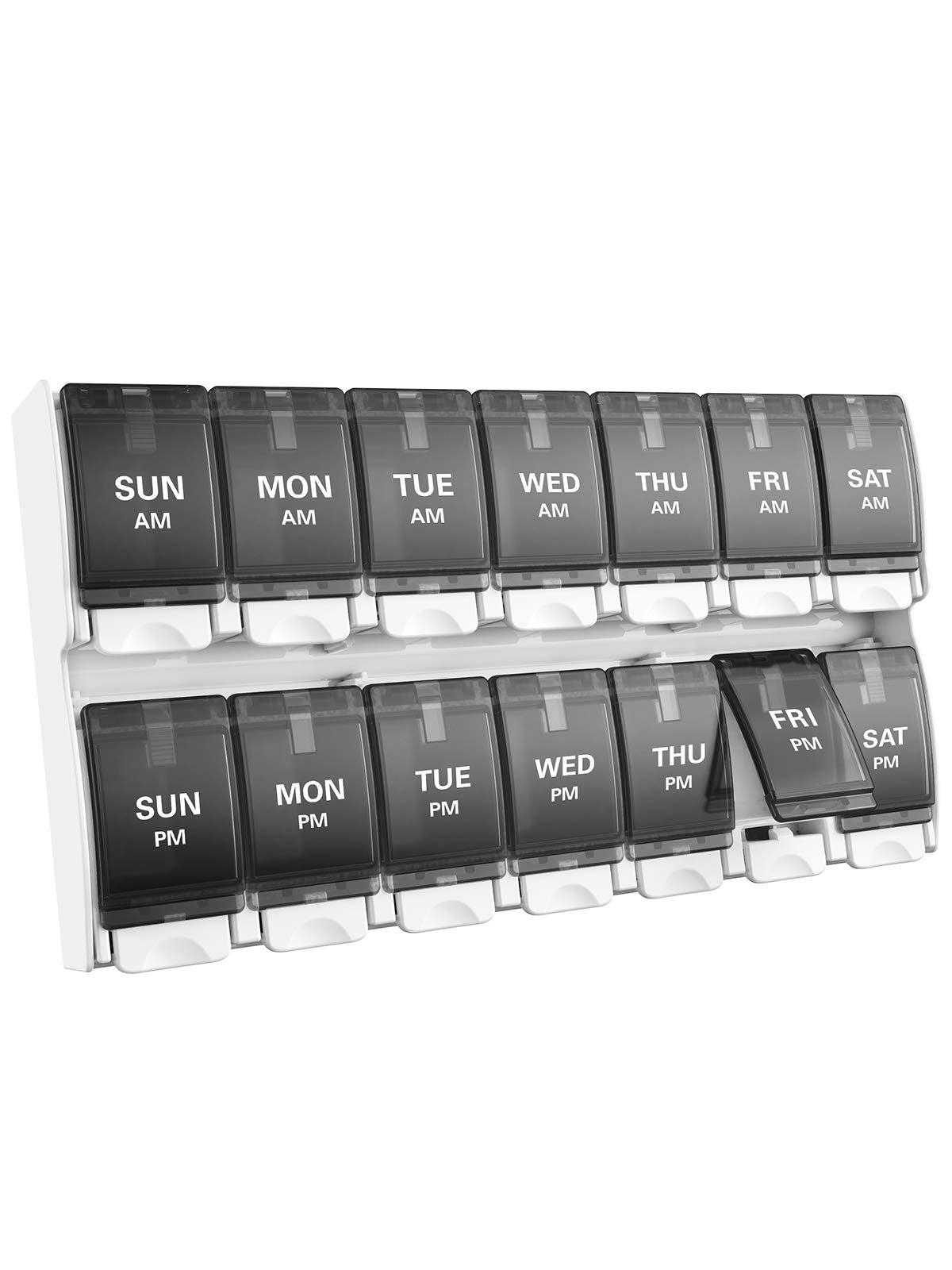 a plastic organizer with black plastic covers with text: 'SUN MON TUE WED THU AM AM FRI SAT AM AM AM AM AM FRI WED THU PM SAT SUN MON TUE PM PM PM PM PM PM'