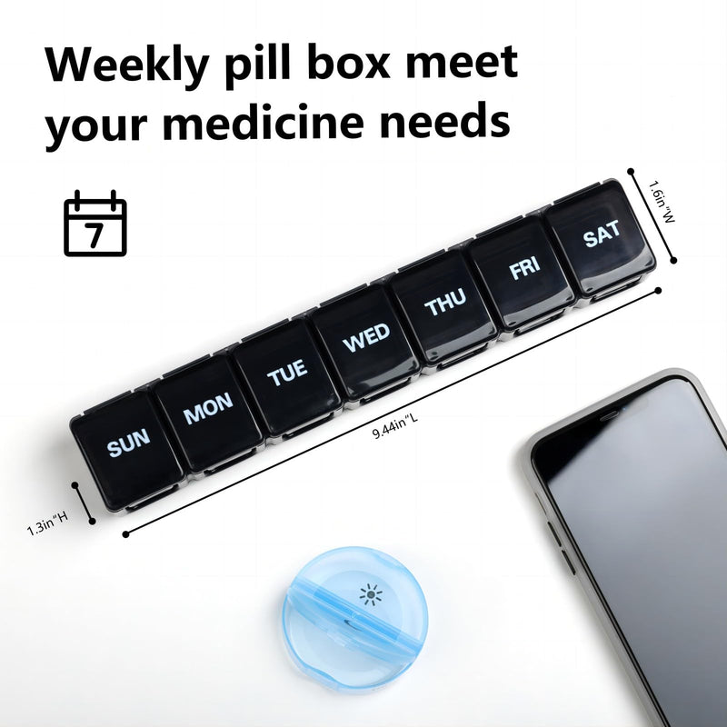 a pill box next to a phone and a pill case with text: 'Weekly pill box meet your medicine needs SUN MON TUE WED THU FRI SAT 4 1.3in"H'