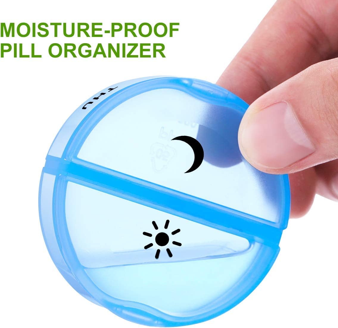 a hand holding a pill organizer with text: 'MOISTURE-PROOF PILL ORGANIZER'