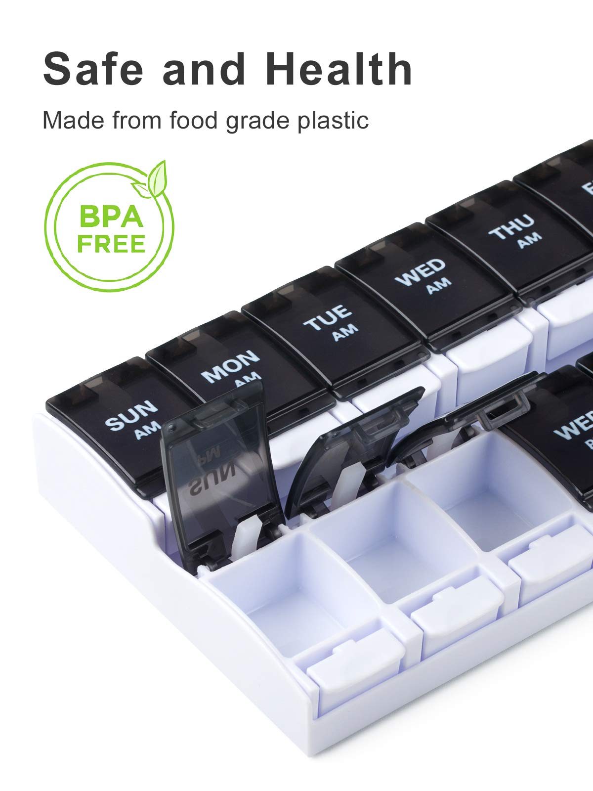 a plastic pill organizer with black and white plastic containers with text: 'Safe and Health Made from food grade plastic BPA FREE SUN MON TUE WED THU AM AM AM AM AM WE'