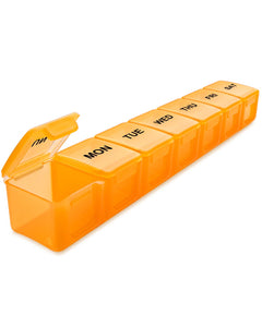 a plastic container with a number of compartments with text: 'MON TUE WED THU FRI SAT'