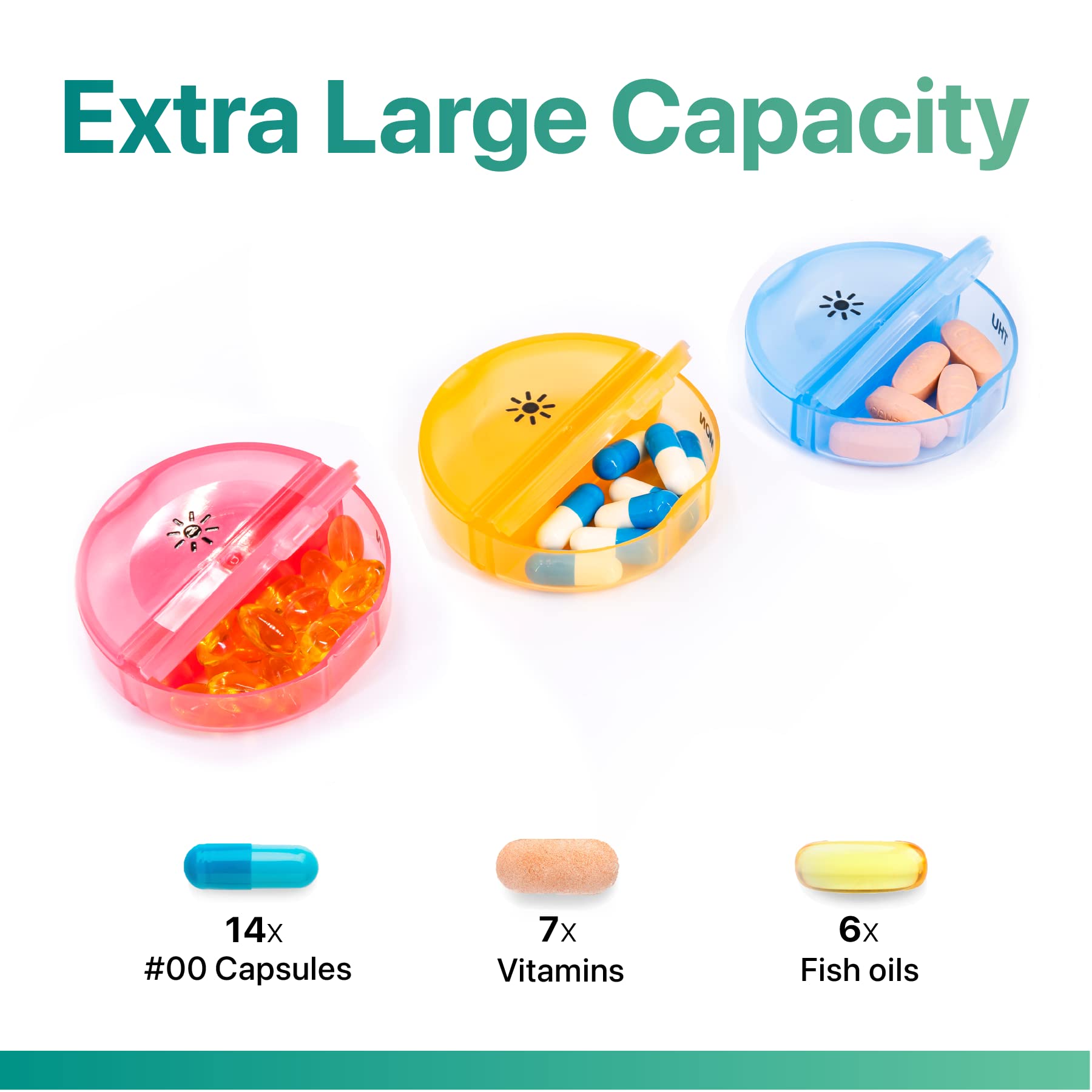 a group of pills in plastic containers with text: 'Extra Large Capacity 14x 6x #00 Capsules Vitamins Fish oils'