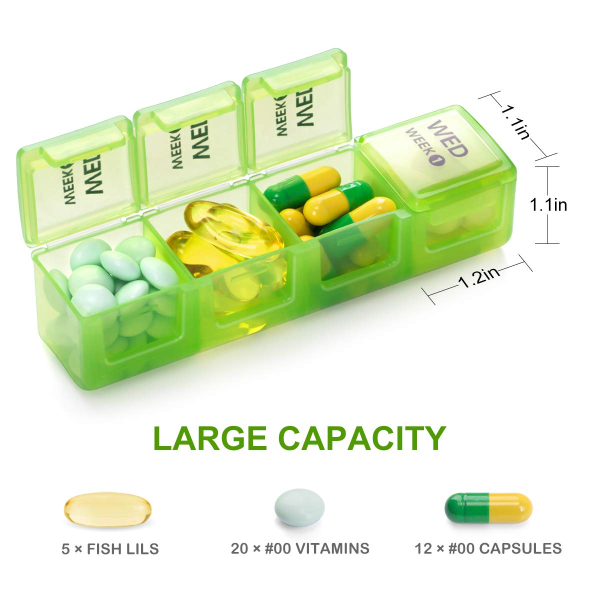 a green pill box with different pills with text: '1.1in WEEK1 WED MEEK( MEI MEEK( MEI 1.1in MEEK LARGE CAPACITY 5 FISH LILS 20 #00 VITAMINS 12 #00 CAPSULES'