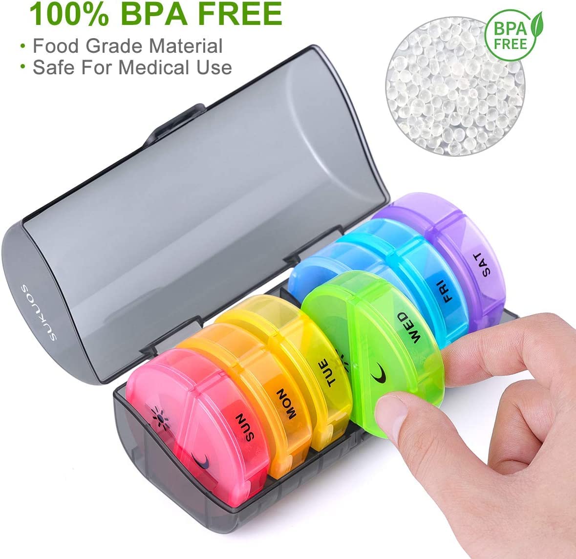 a plastic container with different colors of the same color with text: 'SUKUOS Safe For Medical Use SUN Food Grade Material 100% BPA FREE MON TUE WED FRI SAT FREE BPA'